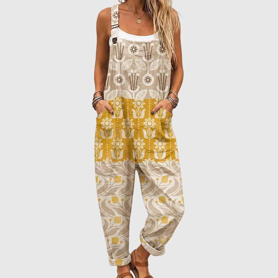 Helga | Mono de tirantes en patchwork folclórico beige