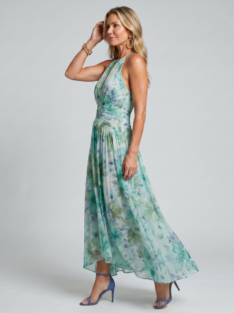 Luana | Vestido Midi Halter Plisado Floral