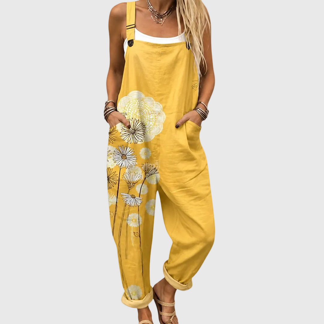 Magdalena | Pantalón de tirantes amarillo con dientes de león