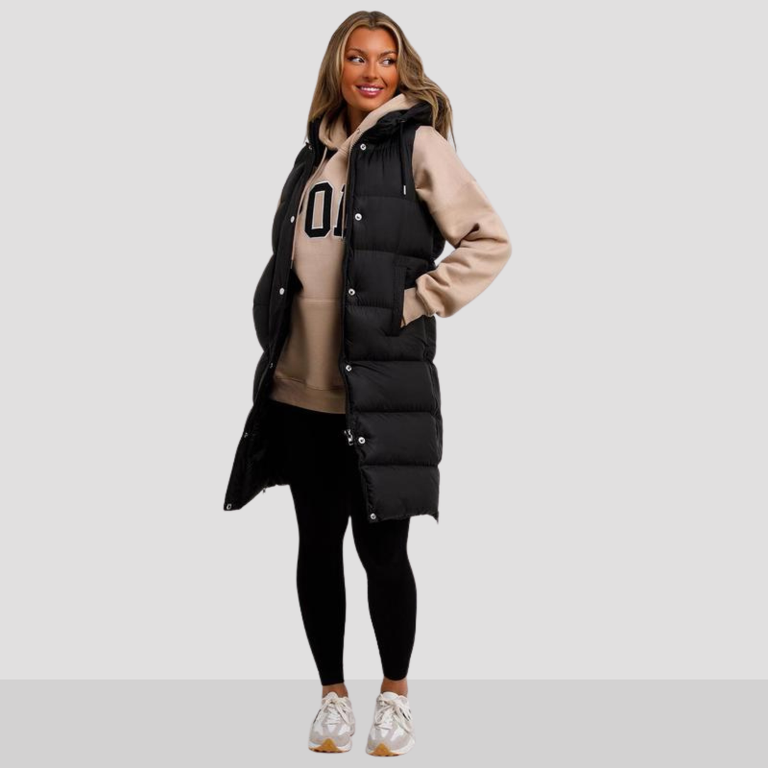 Sidra | Puffer Largo con Capucha Acolchado Negro Cómodo