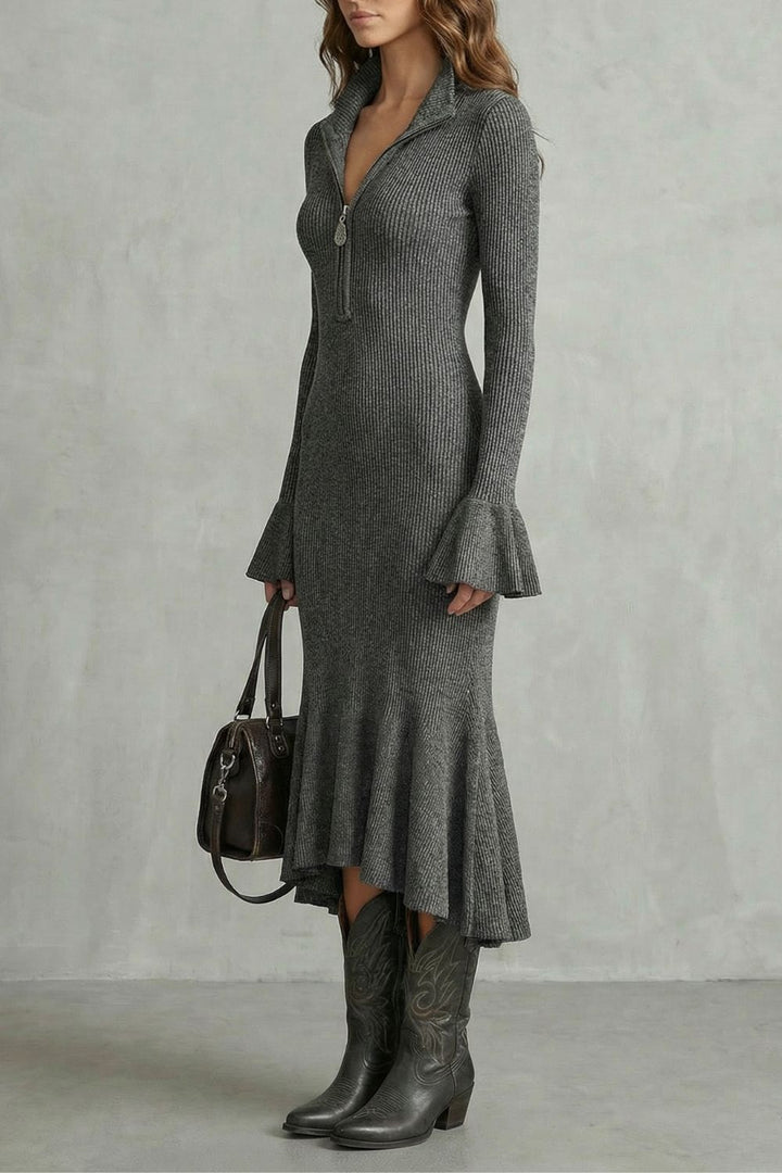 Sabrina | Vestido Midi con Cremallera y Puños Acampanados