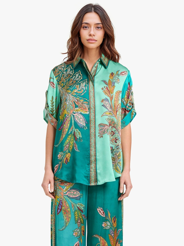 Eliza | Conjunto Elegante de Dos Piezas – Camisa con Estampado Paisley y Pantalones de Pierna Ancha