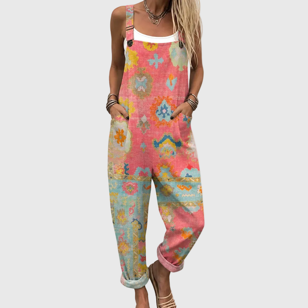 Ernestine | Pantalón con tirantes y patrón de mosaico en coral