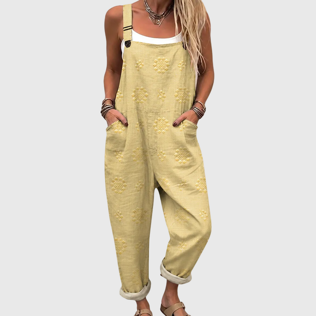 Paula | Pantalón de tirantes amarillo claro con medallones de flores