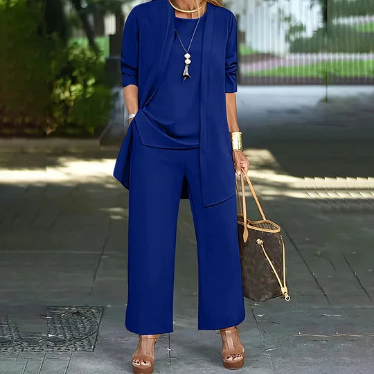 Conjunto Casual Elegante de Tres Piezas Laney – Top Coordinado, Cárdigan y Pantalones de Pierna Ancha