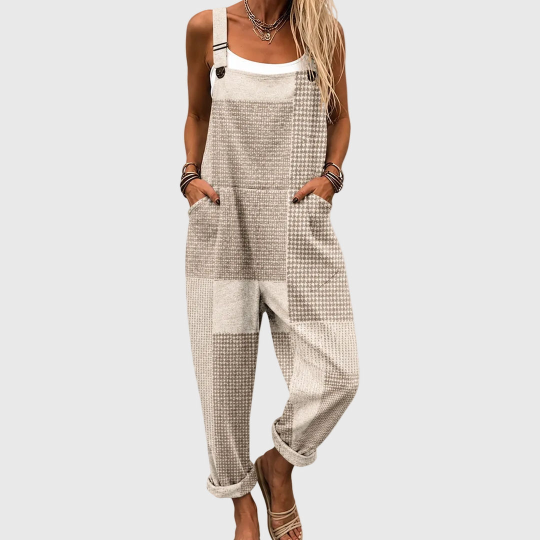 Sofía | Pantalón de tirantes beige con pata de gallo