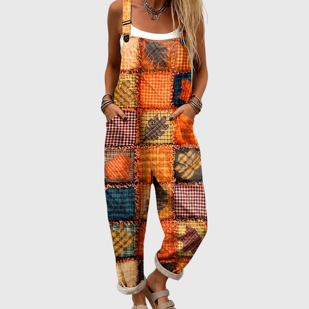 Gretchen | Pantalón de tirantes en look patchwork naranja
