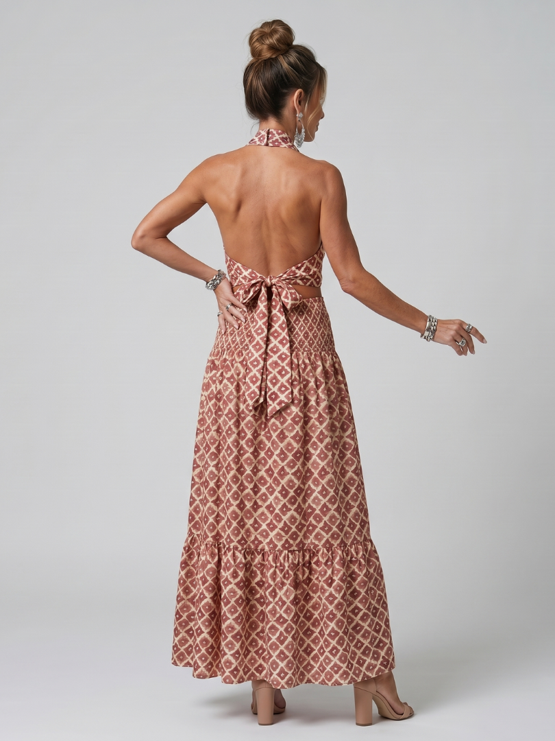 Pilar | Vestido Midi Halter con Estampado Geométrico