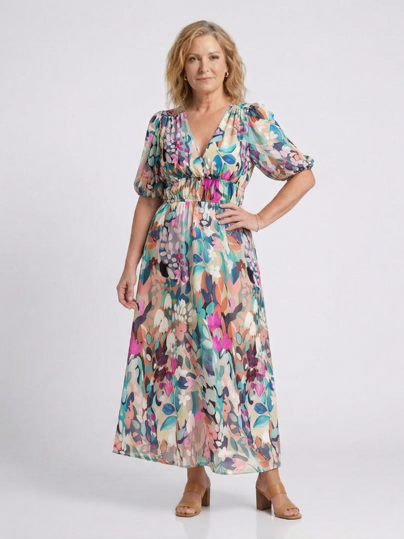 Gina | Vestido Midi con Escote en V y Fruncido en Cintura