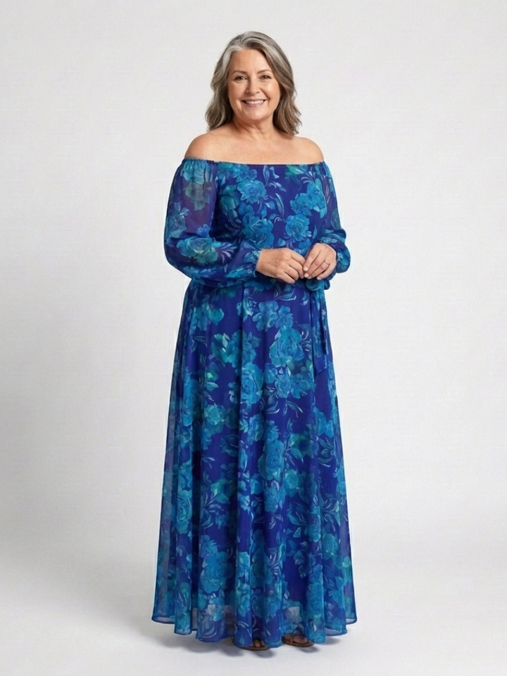 Angélica | Vestido Maxi Floral con Hombros Descubiertos