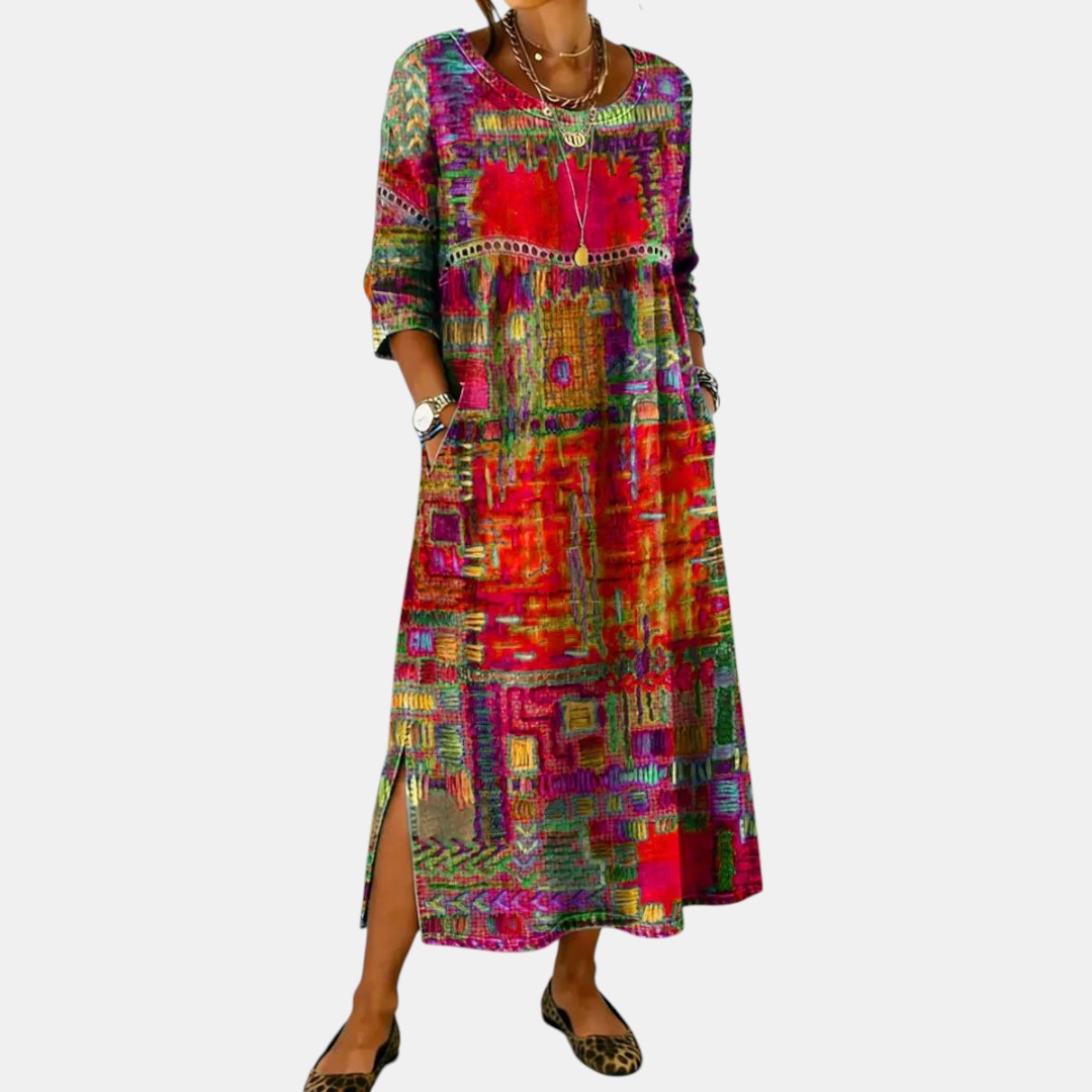 Vanesa | Vestido Midi de Denim con Patchwork Étnico