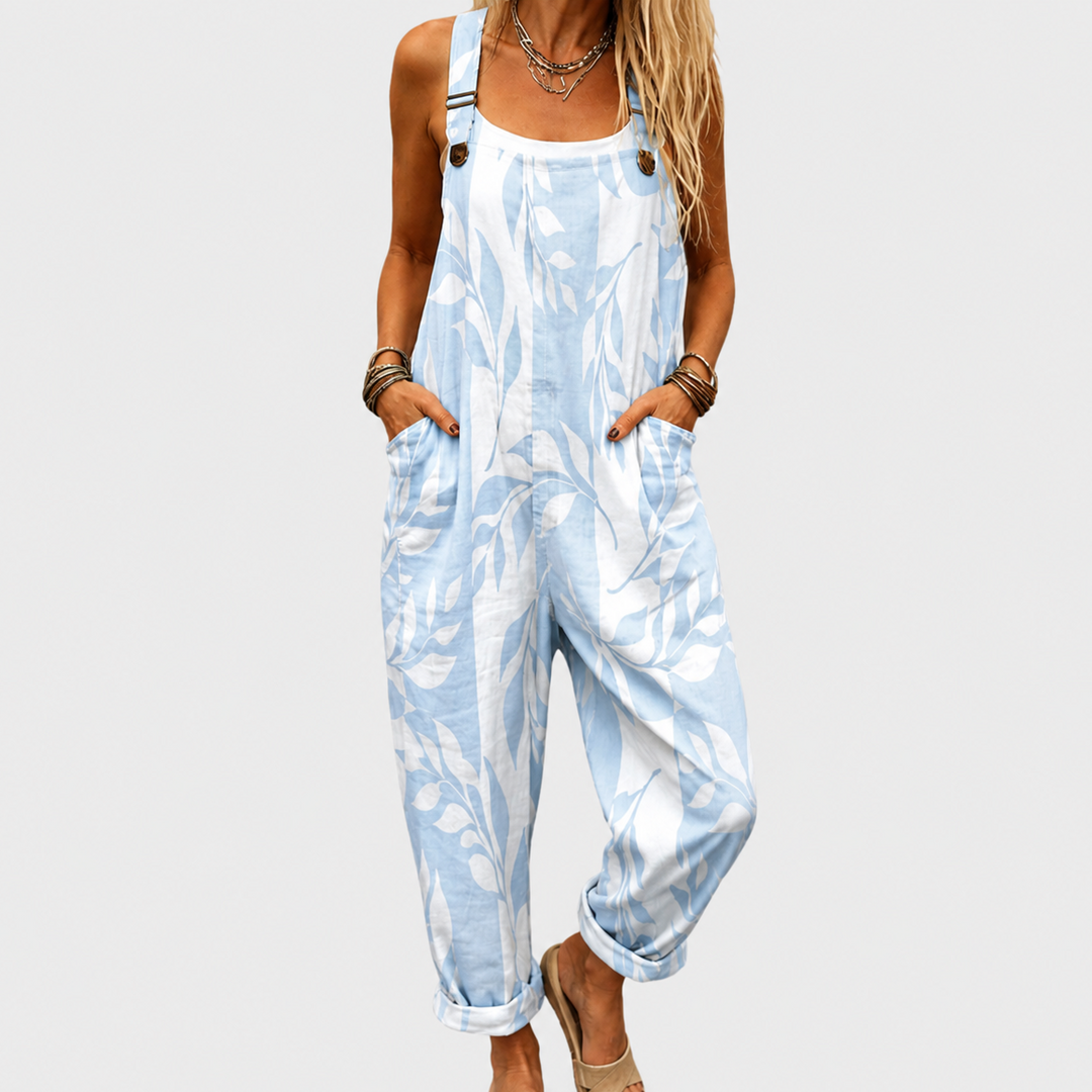 Mila | Pantalón de tirantes azul claro con hojas