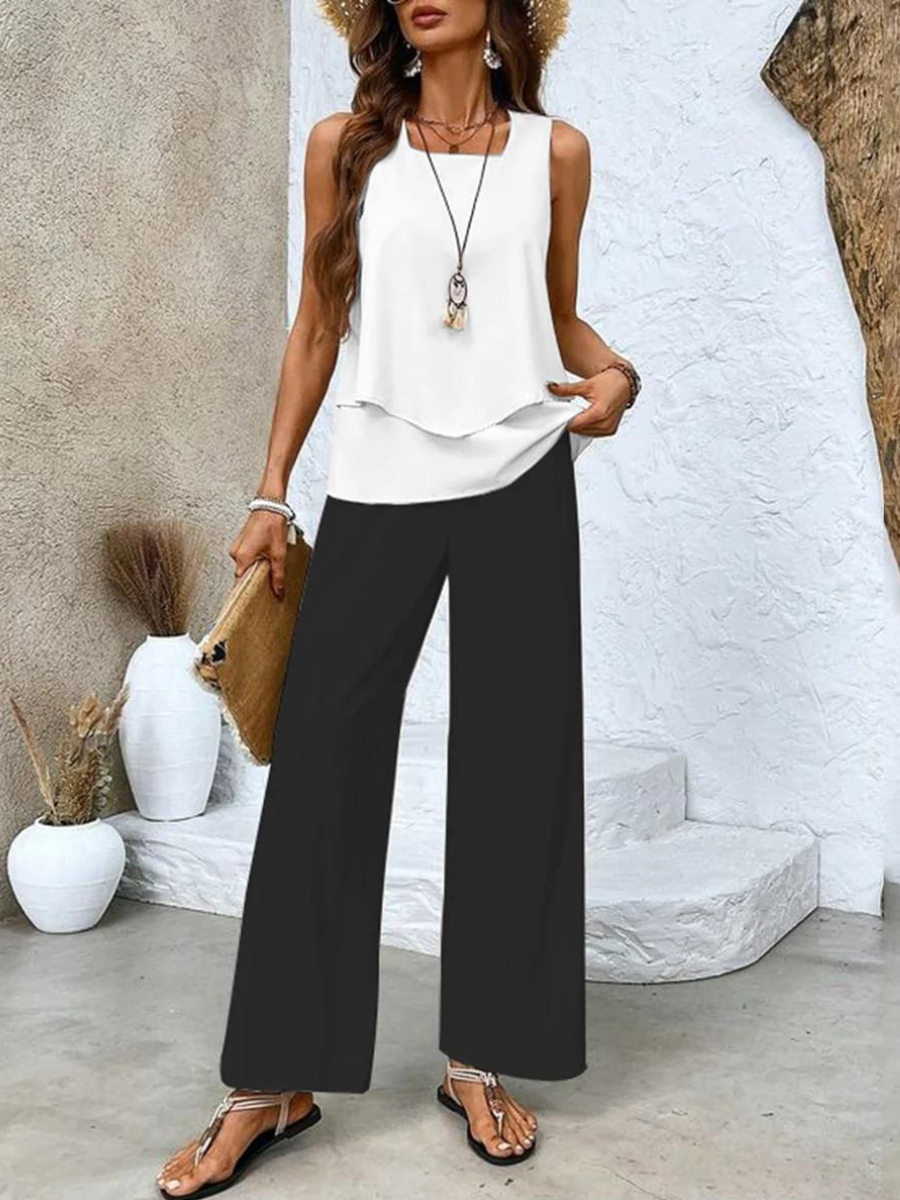 Juliette | Conjunto Elegante de Dos Piezas – Blusa Fluida y Pantalones de Pierna Ancha