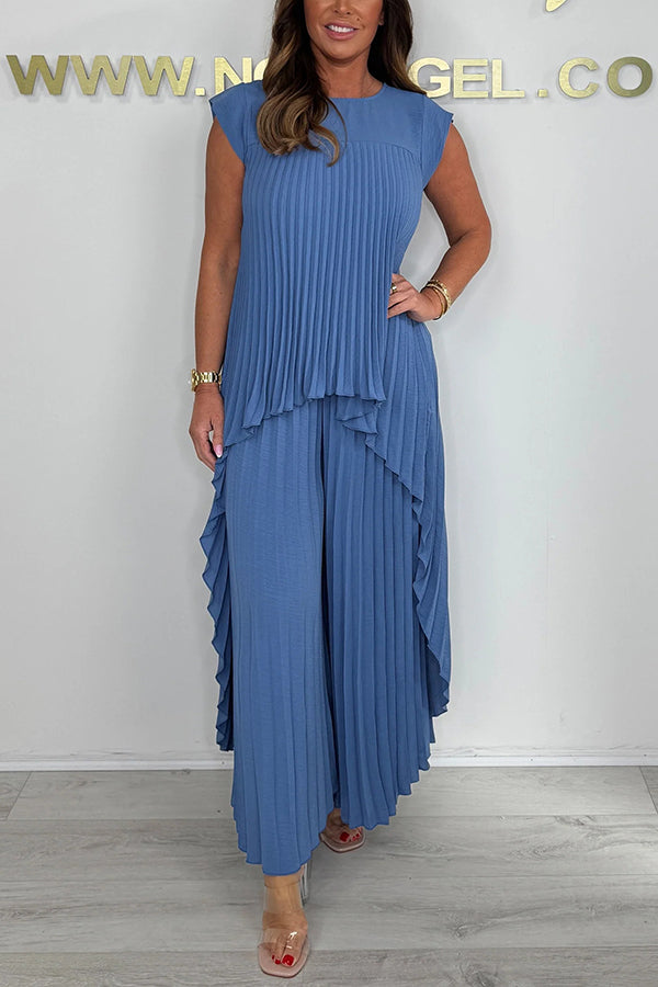 Conjunto de Top Midi Plisado Sherry y Pantalones de Pierna Ancha – Elegante Conjunto de Dos Piezas