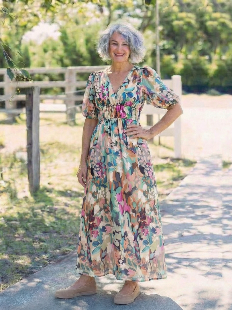Gina | Vestido Midi con Escote en V y Fruncido en Cintura