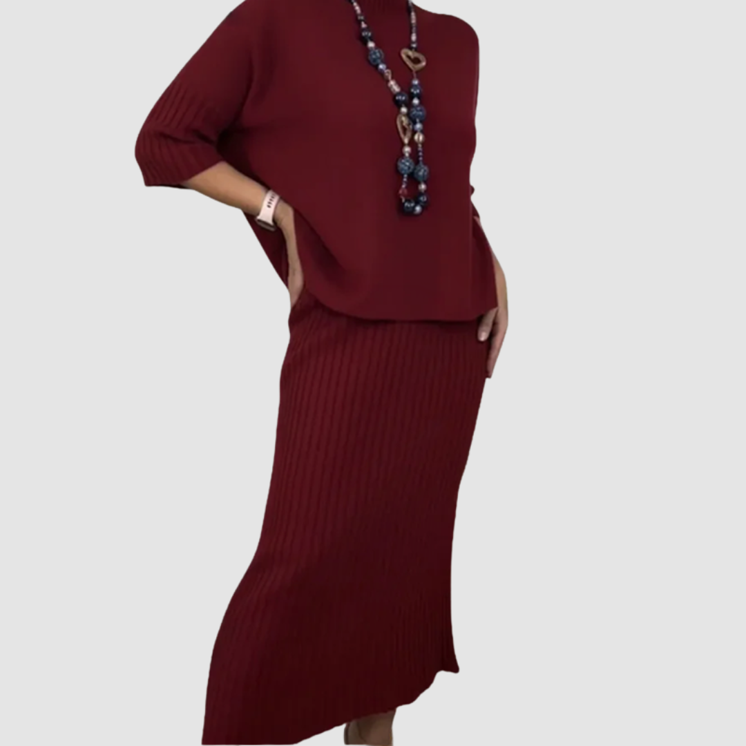 Delyssa | Conjunto Elegante de 2 Piezas – Top Relajado y Falda Midi Acanalada