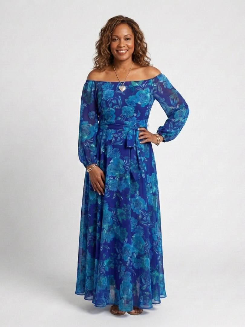 Angélica | Vestido Maxi Floral con Hombros Descubiertos