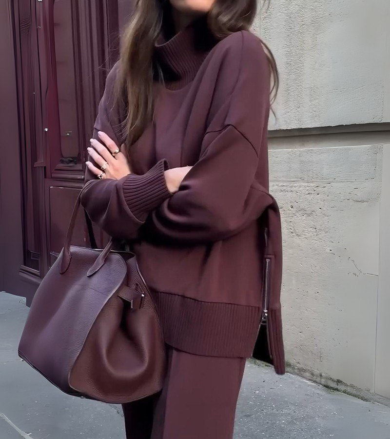 Elyza | Conjunto Suave de Dos Piezas – Top de Cuello Alto y Pantalones de Pierna Ancha
