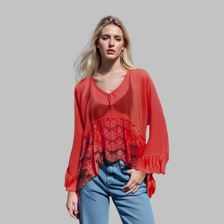 Leona Elegante Top Cubierta de Manga Murciélago con Escote en V – Top Elegante para el Día a Día
