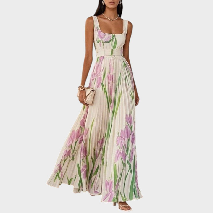 Belén | Vestido Largo Plisado con Flores de Gasa