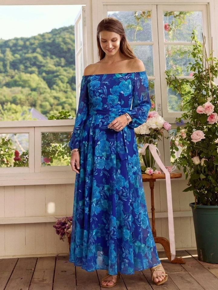 Angélica | Vestido Maxi Floral con Hombros Descubiertos