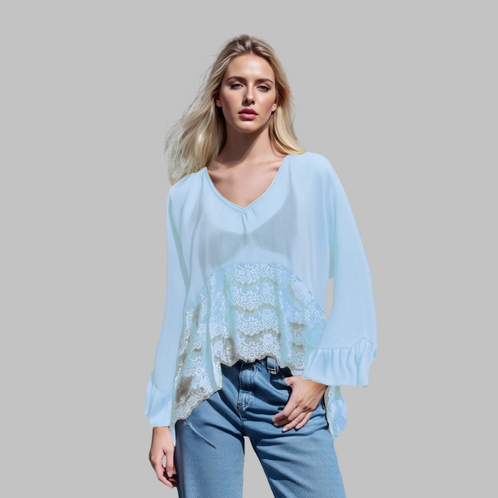Leona Elegante Top Cubierta de Manga Murciélago con Escote en V – Top Elegante para el Día a Día