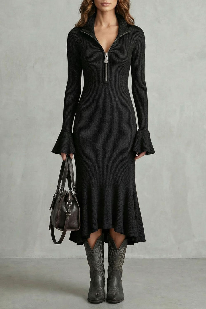 Sabrina | Vestido Midi con Cremallera y Puños Acampanados