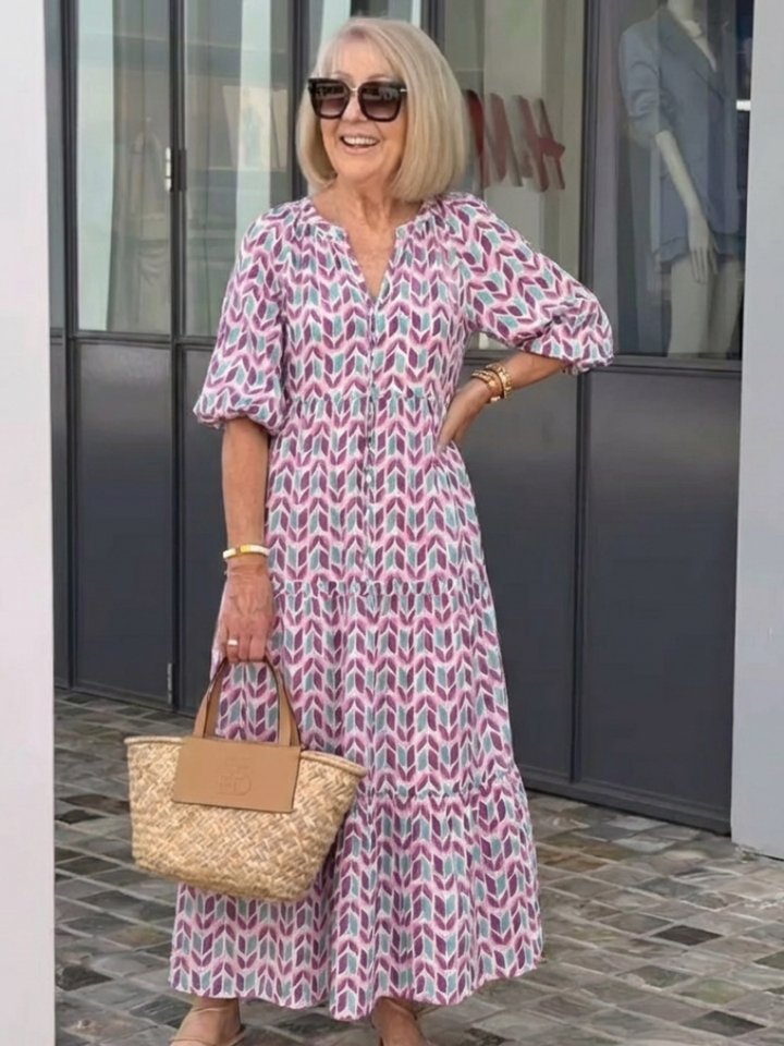 Alicia | Vestido Midi Geométrico de Manga Larga