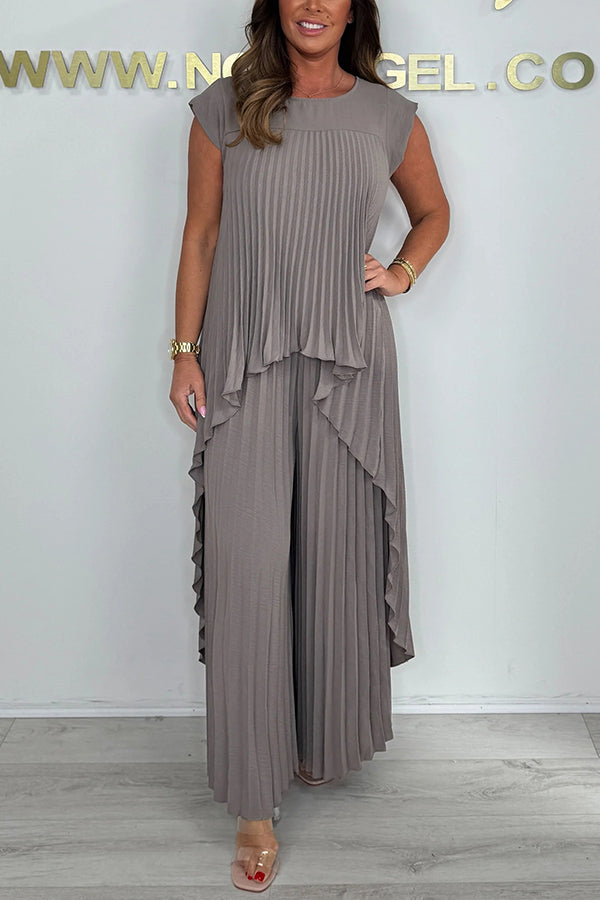 Conjunto de Top Midi Plisado Sherry y Pantalones de Pierna Ancha – Elegante Conjunto de Dos Piezas
