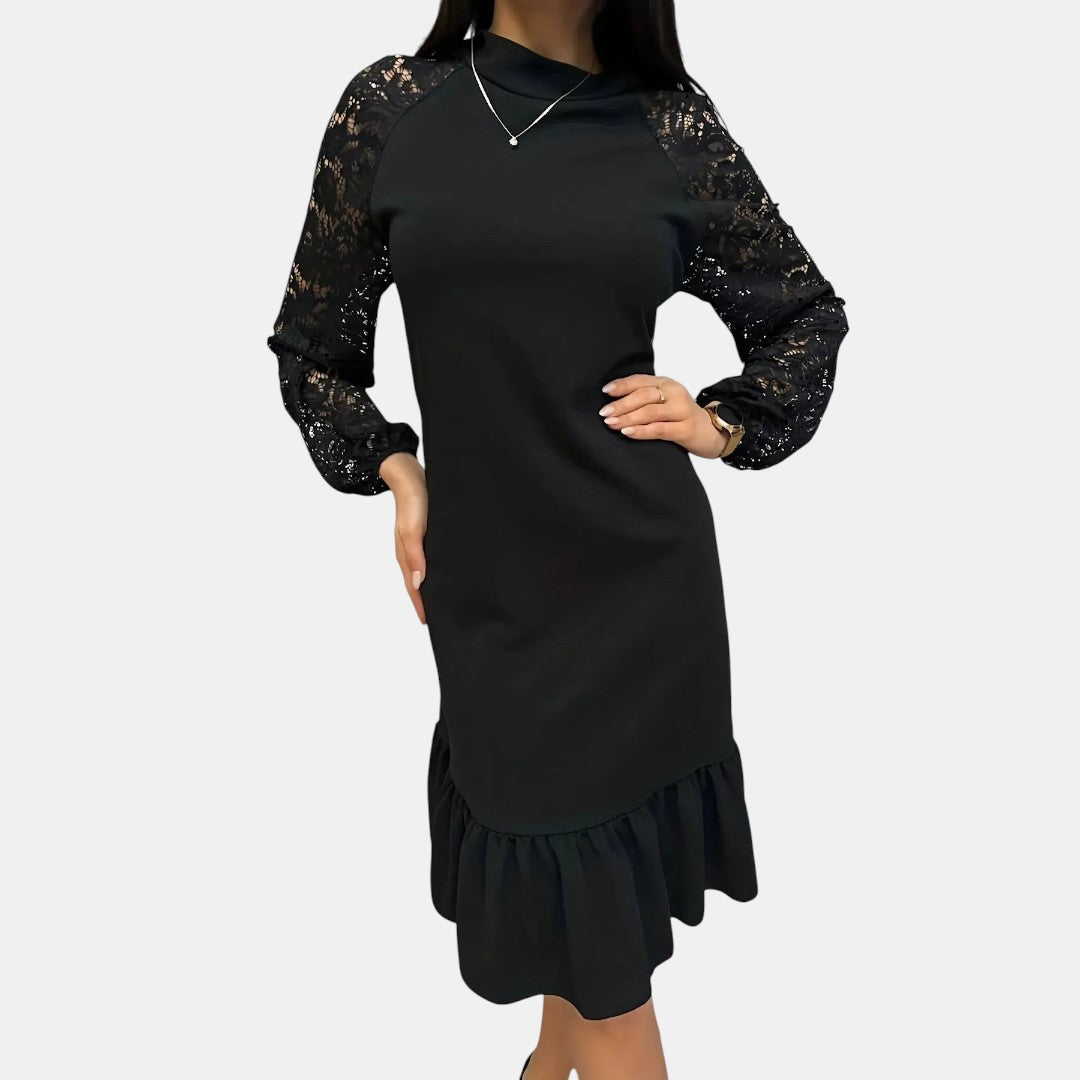 Alodia | Vestido Midi Cuello Mock con Encaje