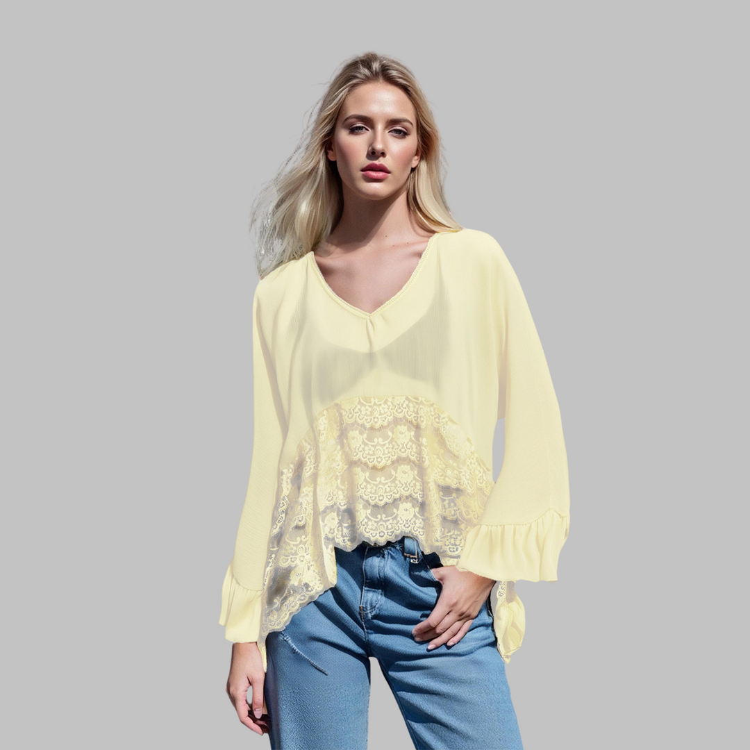 Leona Elegante Top Cubierta de Manga Murciélago con Escote en V – Top Elegante para el Día a Día