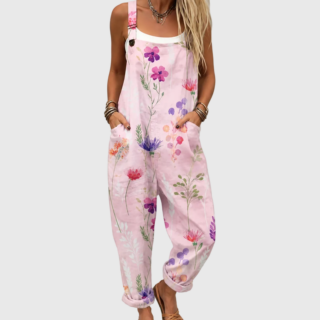 Henriette | Pantalón de tirantes rosa suave con flores silvestres y cardos