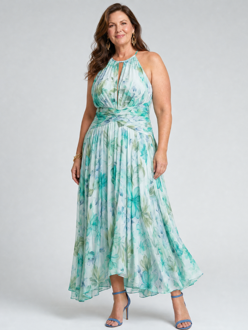 Luana | Vestido Midi Halter Plisado Floral