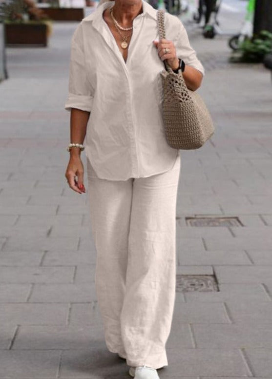 Denice | Conjunto Casual Elegante de Dos Piezas – Top Abotonado Relajado y Pantalones de Pierna Ancha