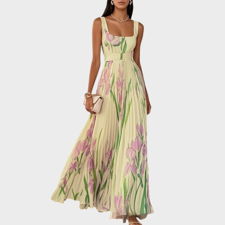 Belén | Vestido Largo Plisado con Flores de Gasa