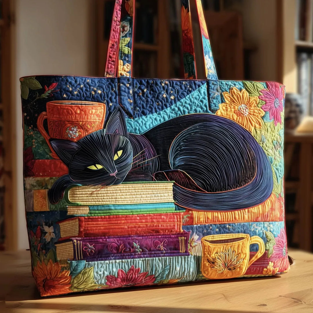 Cartera Artesanal | Gato Negro con Libros y Tazas