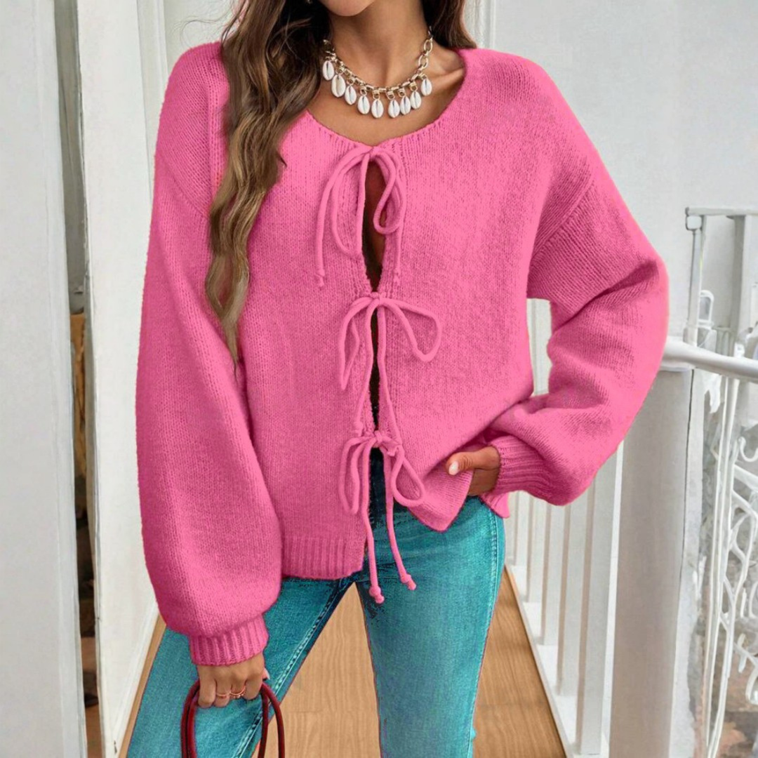 Adrienne | Cárdigan Chic de Manga Larga con Cuello Redondo y Lazo Frontal