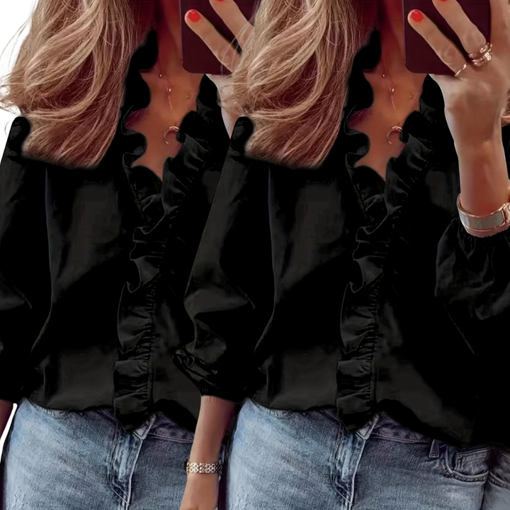 Blusa atemporal Lorelei con escote en V y volantes – Top casual elegante