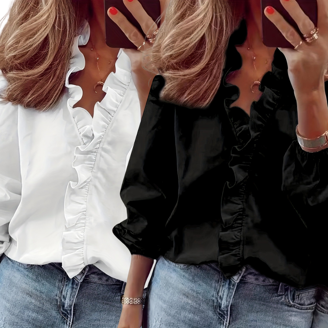 Blusa atemporal Lorelei con escote en V y volantes – Top casual elegante