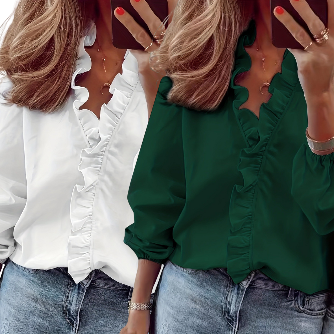 Blusa atemporal Lorelei con escote en V y volantes – Top casual elegante