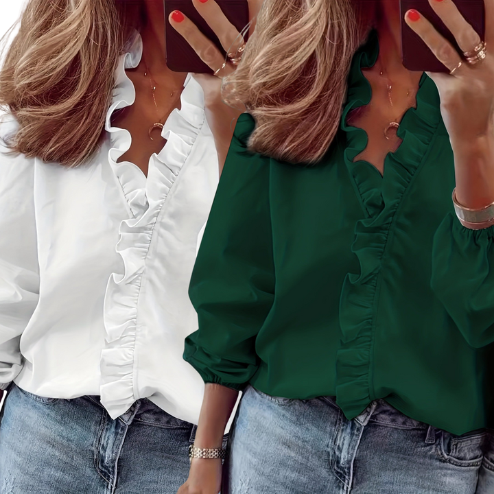 Blusa atemporal Lorelei con escote en V y volantes – Top casual elegante