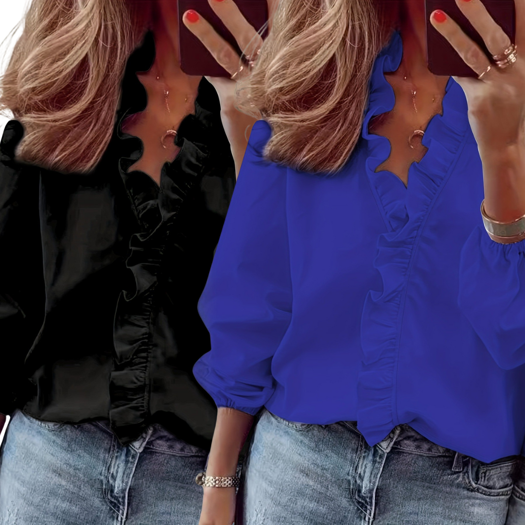 Blusa atemporal Lorelei con escote en V y volantes – Top casual elegante