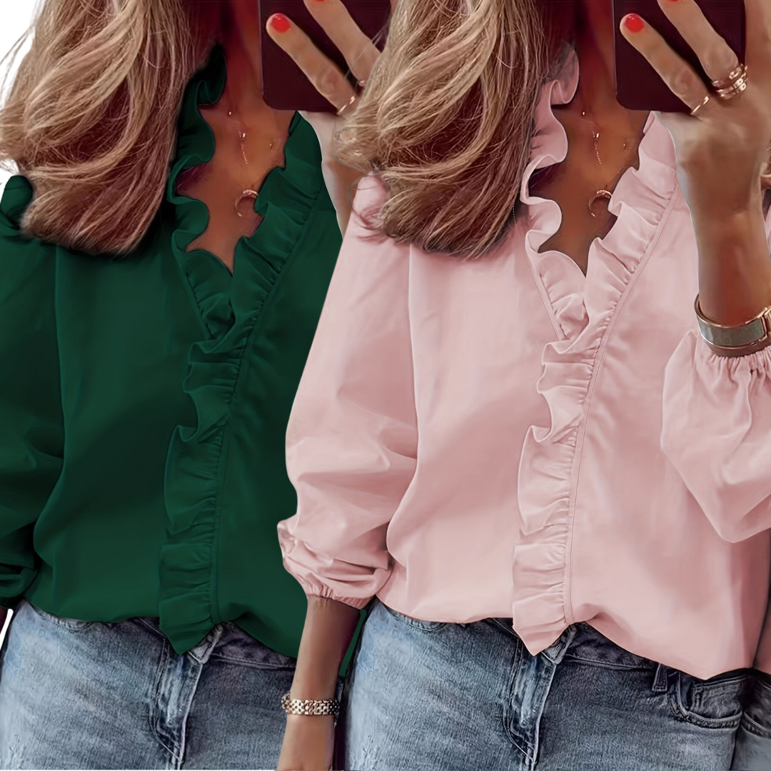 Blusa atemporal Lorelei con escote en V y volantes – Top casual elegante