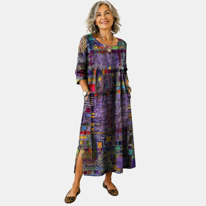 Vanesa | Vestido Midi de Denim con Patchwork Étnico