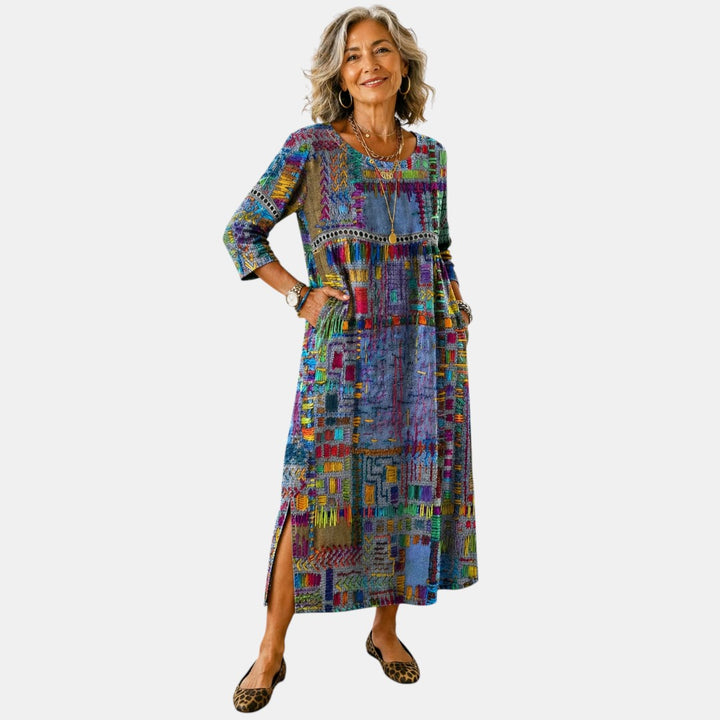 Vanesa | Vestido Midi de Denim con Patchwork Étnico