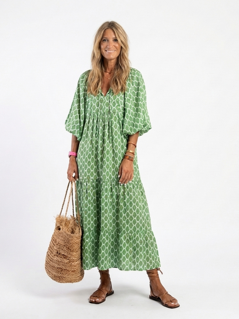Emilia | Vestido Midi Estampado de Tres Cuartos con Escote en V