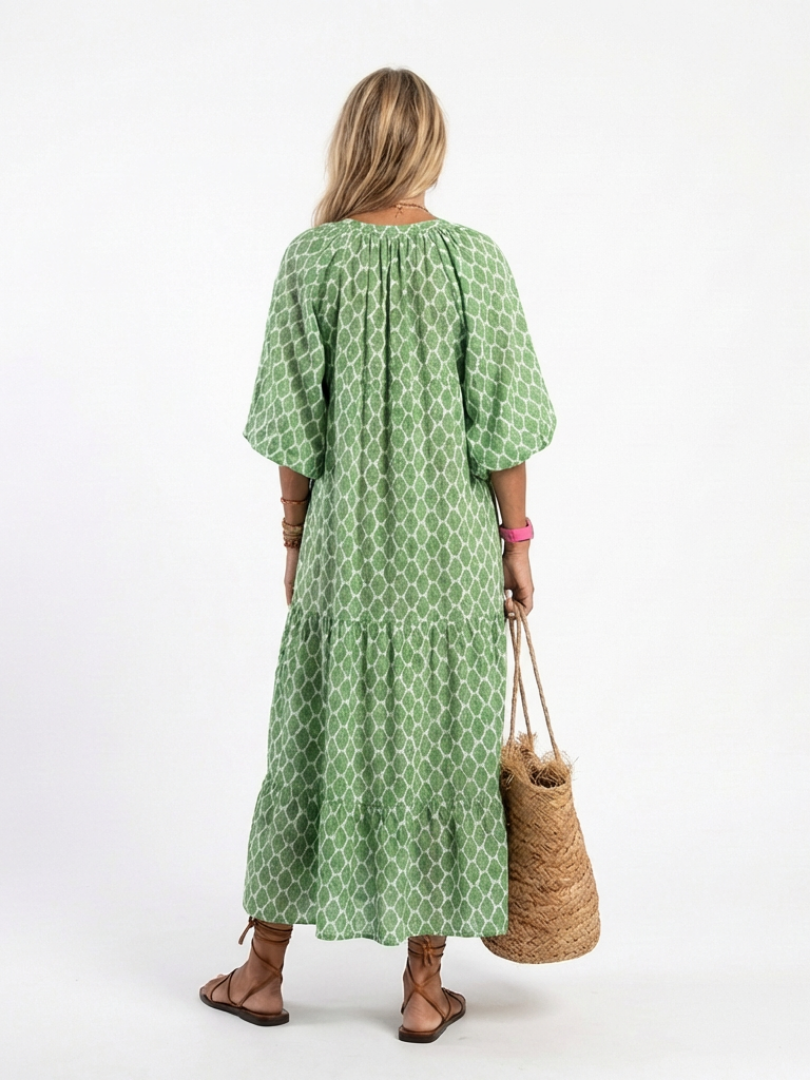 Emilia | Vestido Midi Estampado de Tres Cuartos con Escote en V