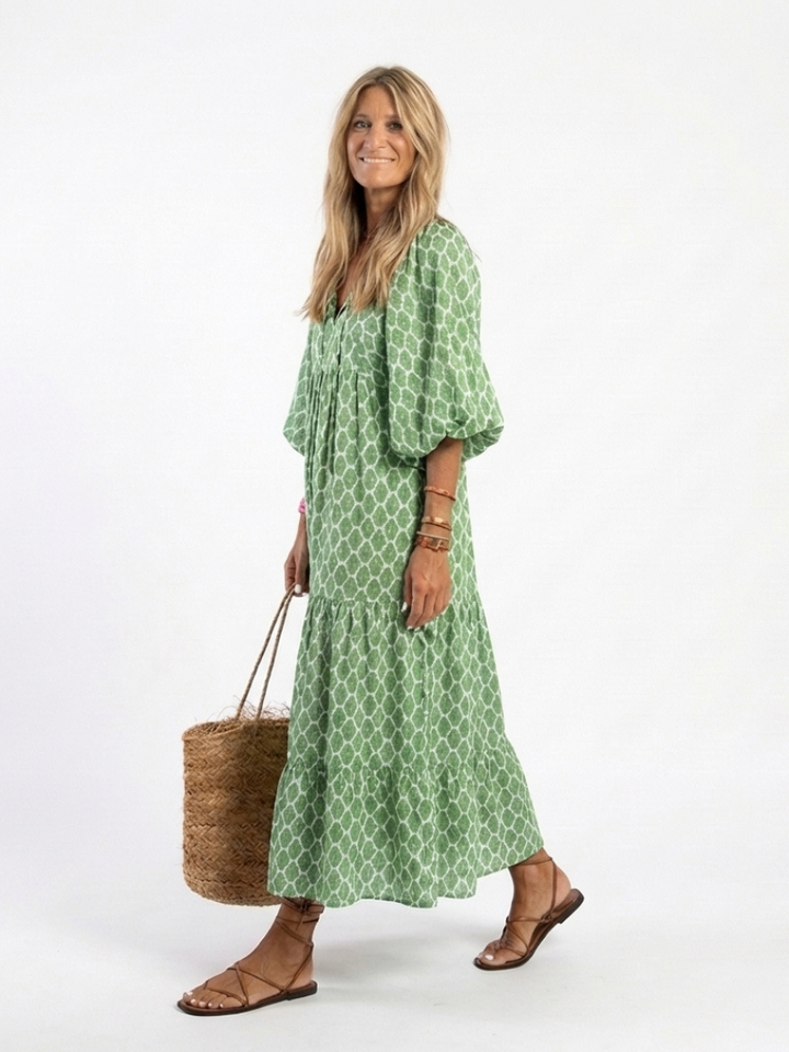 Emilia | Vestido Midi Estampado de Tres Cuartos con Escote en V