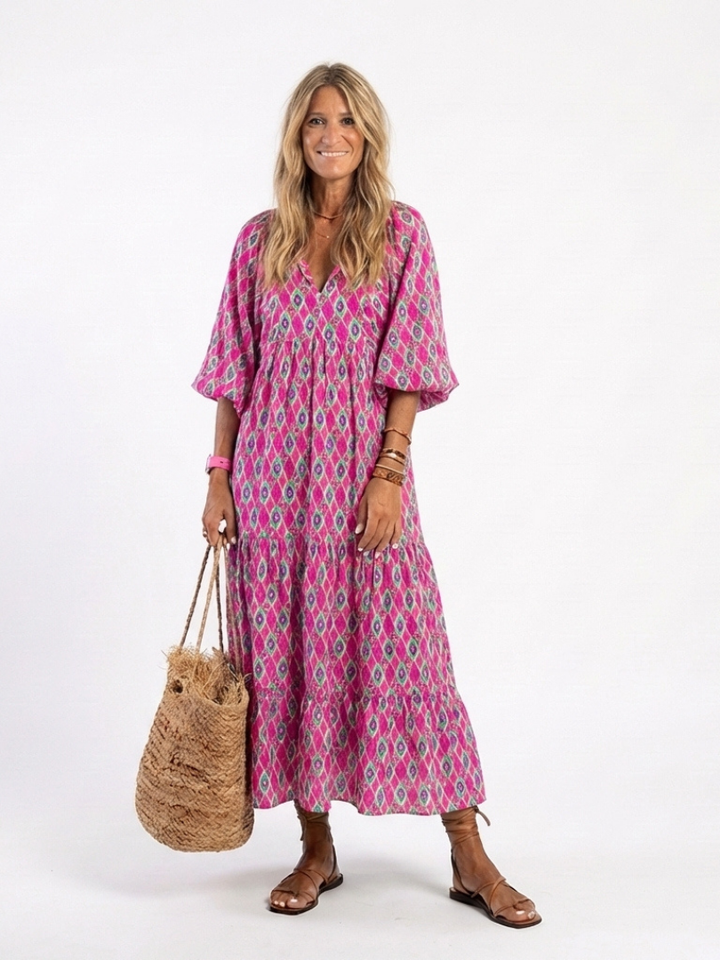 Emilia | Vestido Midi Estampado de Tres Cuartos con Escote en V
