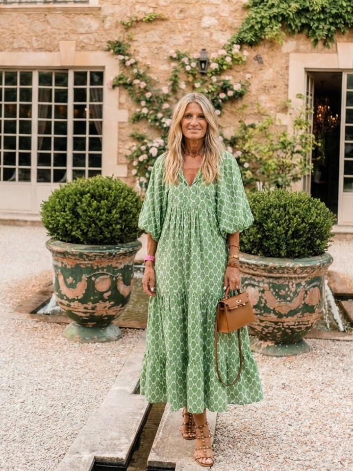 Emilia | Vestido Midi Estampado de Tres Cuartos con Escote en V